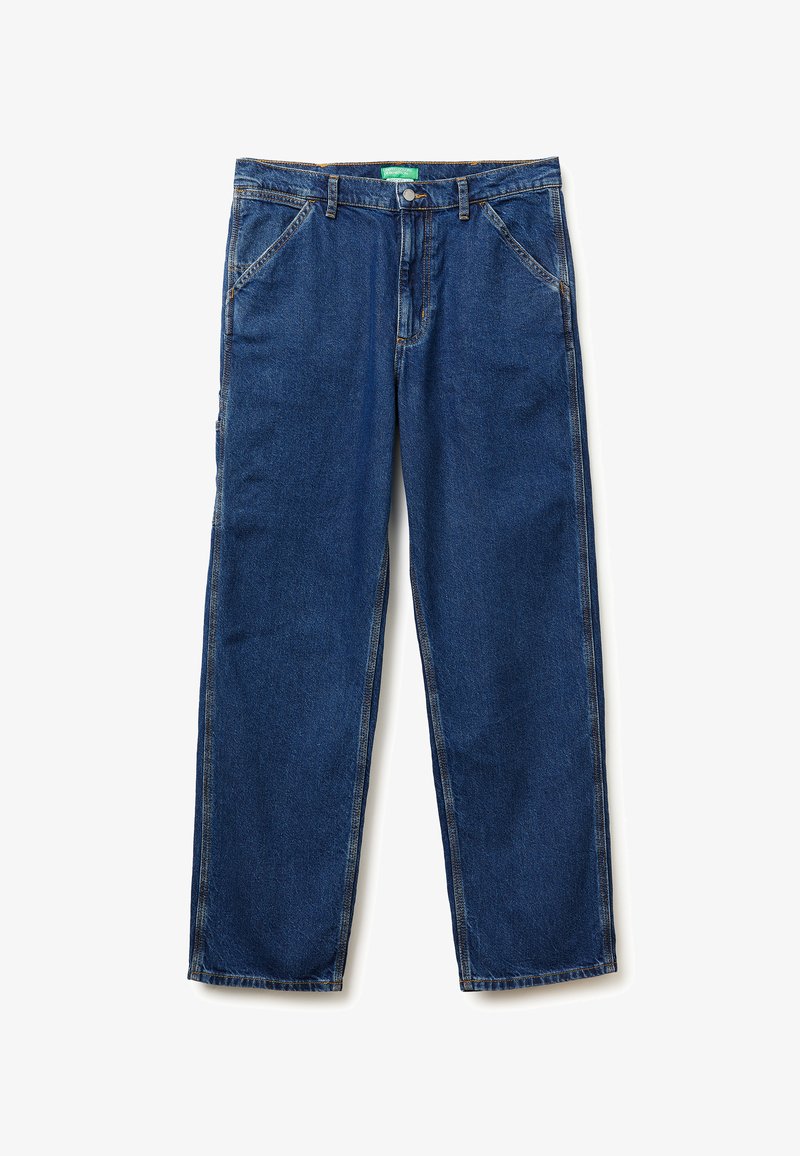 Dunkelblaue Jeans aus Denim mit lockerer Passform, fünf Taschen und Kontrastnähten. Knopfverschluss in der Taille.