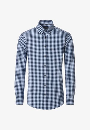 Blue and white checked long-sleeve shirt with a button-down collar, featuring a single chest pocket and dark buttons. Cotton blend fabric.