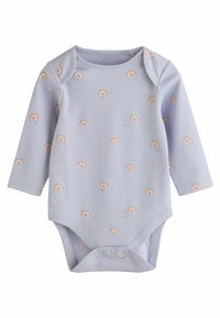 Un body à manches longues bleu clair avec des motifs arc-en-ciel dans des couleurs pastel et des fermetures à pression au bas. Matière en coton douce et extensible.