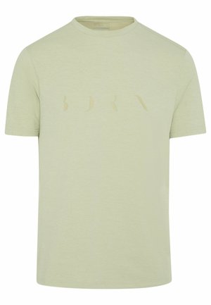 Lys grøn kortærmet t-shirt lavet af bomuld, med et subtilt grafisk print i samme farve hen over brystområdet.
