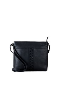 Black leather crossbody bag featuring a woven design on the front, smooth texture, an adjustable strap, and a top zip closure.