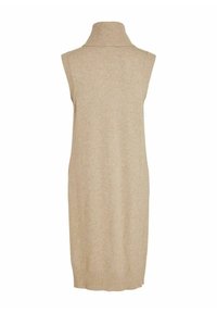 Stickad ärmlös klänning i ljusbeige, med hög ribbad krage och rak passform, samt ribbad fåll. Mjuk textur och minimalistisk design.