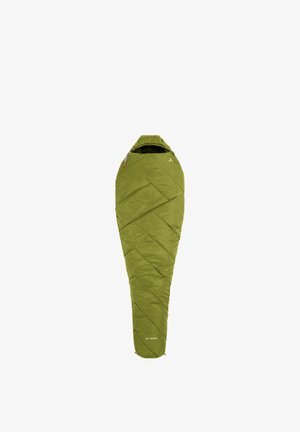 Grüner schlafsack im Mumienstil mit diagonalen Steppnähten und Kapuze, mit Vaude-Logo nahe dem Fußende gebrandet.