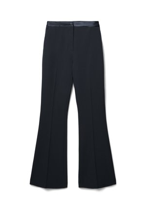 Pantaloni neri a palazzo con una morbida vita in satin, dotati di chiusura con bottone frontale e cuciture verticali per un tocco di design aggiuntivo.