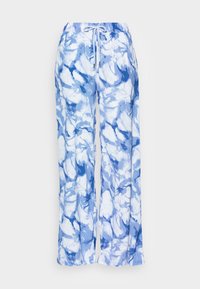 Pantalones ligeros de pierna ancha con cintura ajustable, en un patrón de mármol azul y blanco con una textura suave. Adecuados para el uso casual.