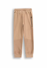 Beżowe dresy o gładkim materiale, z prążkowaną talią, boczną kieszenią na zamek oraz teksturowanymi panelami na dolnych nogawkach. Klasyczny krój, codzienny design.