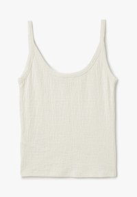 Witte tanktop met een geweven stof en een subtiel vierkant patroon, smalle schouderbandjes en een ronde halslijn.