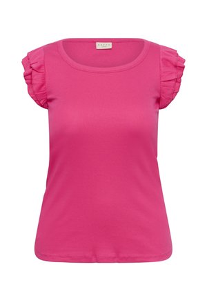 Felroze korte mouw top met ronde hals en gelaagde volantmouwen, gemaakt van geribd stof.