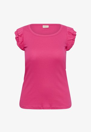 Helles pinkes kurzärmliges Oberteil mit rundem Ausschnitt und mehrlagigen Rüschenärmeln, gefertigt aus geripptem Stoff.