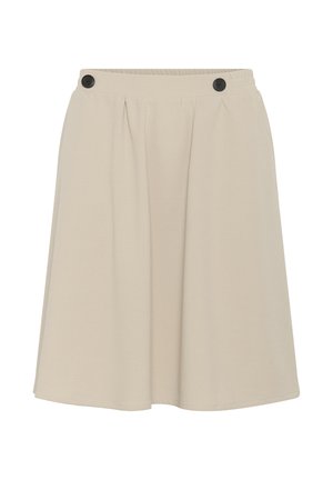 Jupe beige longueur genou avec deux boutons noirs sur la ceinture et de doux plis sur le devant.