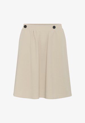Jupe beige longueur genou avec deux boutons noirs sur la ceinture et de doux plis sur le devant.