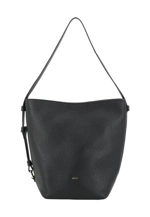 Black leather bucket bag with a textured surface, featuring a single shoulder strap and a subtle brand logo on the front.