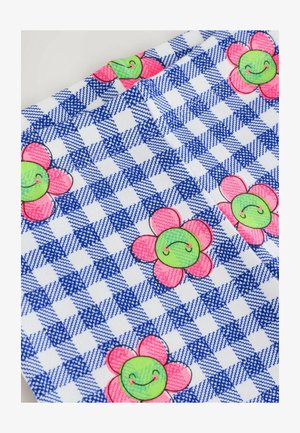 Țesătură din bumbac cu un model de carouri albastre și albe, împodobită cu flori zâmbitoare roz și verzi. Textură fină cu culori îndrăznețe.