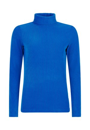 Jersey de cuello alto de color azul con canalé y mangas largas, que presenta un tejido texturizado y un ajuste ceñido en el cuello y los puños.