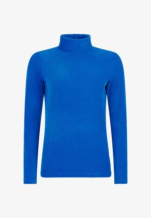 Blue ribbed turtleneck sweater with long sleeves, featuring textured fabric and a snug fit at the neckline and cuffs.
