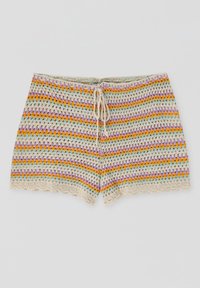 Shorts all'uncinetto in colori pastello con righe arancioni, viola e blu. Presentano un laccio regolabile in vita e un orlo ondulato. Tessuto testurizzato e leggero.