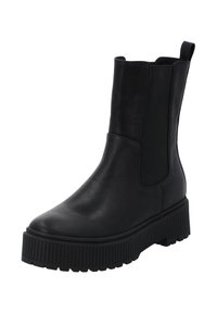 Mustat nahka nilkkurit, joissa on joustavat sivupaneelit, pyöreä kärki ja paksu teksturoitu kumipohja. Takana on vetotanko, joka helpottaa pukemista.