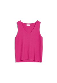 Klart rosa ärmlös stickad topp med V-ringning och lätt rundad nederkant mot en vit bakgrund.