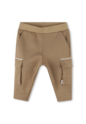 Pantalons de jogging en coton marron avec une taille élastique, deux poches latérales et des poches cargo ornées d'un détail en blanc.