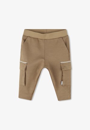 Pantaloni jogger in cotone marroni con vita elasticizzata, due tasche laterali e tasche stile cargo con dettagli in bianco.