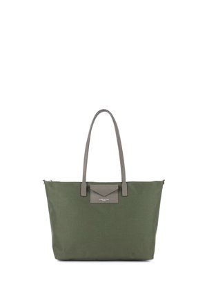 Sac fourre-tout vert avec deux poignées grises et une petite poche avant grise avec rabat et logo sur fond blanc.