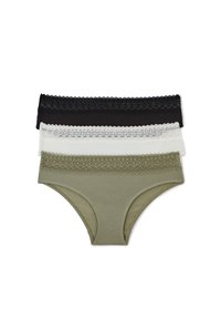 Trois paires de culottes en coton pour femmes, en noir, blanc et vert olive, dotées de dentelle au niveau de la taille et d'une texture lisse.