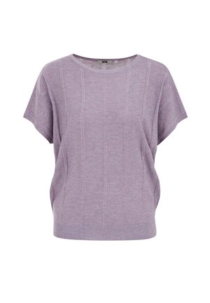 Bluză tricotată mov deschis, cu mâneci scurte, guler rotund și textură verticală cu dungi pe un fundal alb.