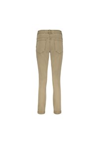 Beige bukser med en tætsiddende design, der har en elastisk talje, to baglommer og en glat tekstur. Skræddersyet til en slim fit.