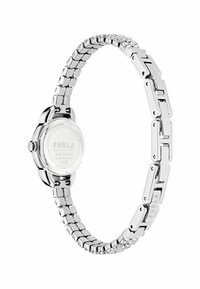 Sølv armbåndsur med metalarmbånd, rund urskive og poleret finish. Har en minimalistisk skive og indgraveret mærkenavn på bagsiden.