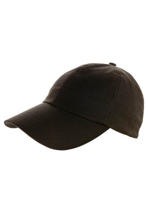 Black cotton baseball cap with a rounded crown and a curved brim. Features stitched seams and a plain design without logos or accents.