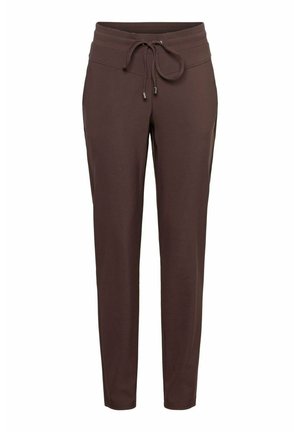 Bruine taps toelopende trainingbroek met elastische tailleband en trekkoordsluiting, ontworpen voor casual comfort.