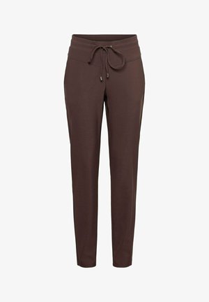 Bruine taps toelopende trainingbroek met elastische tailleband en trekkoordsluiting, ontworpen voor casual comfort.