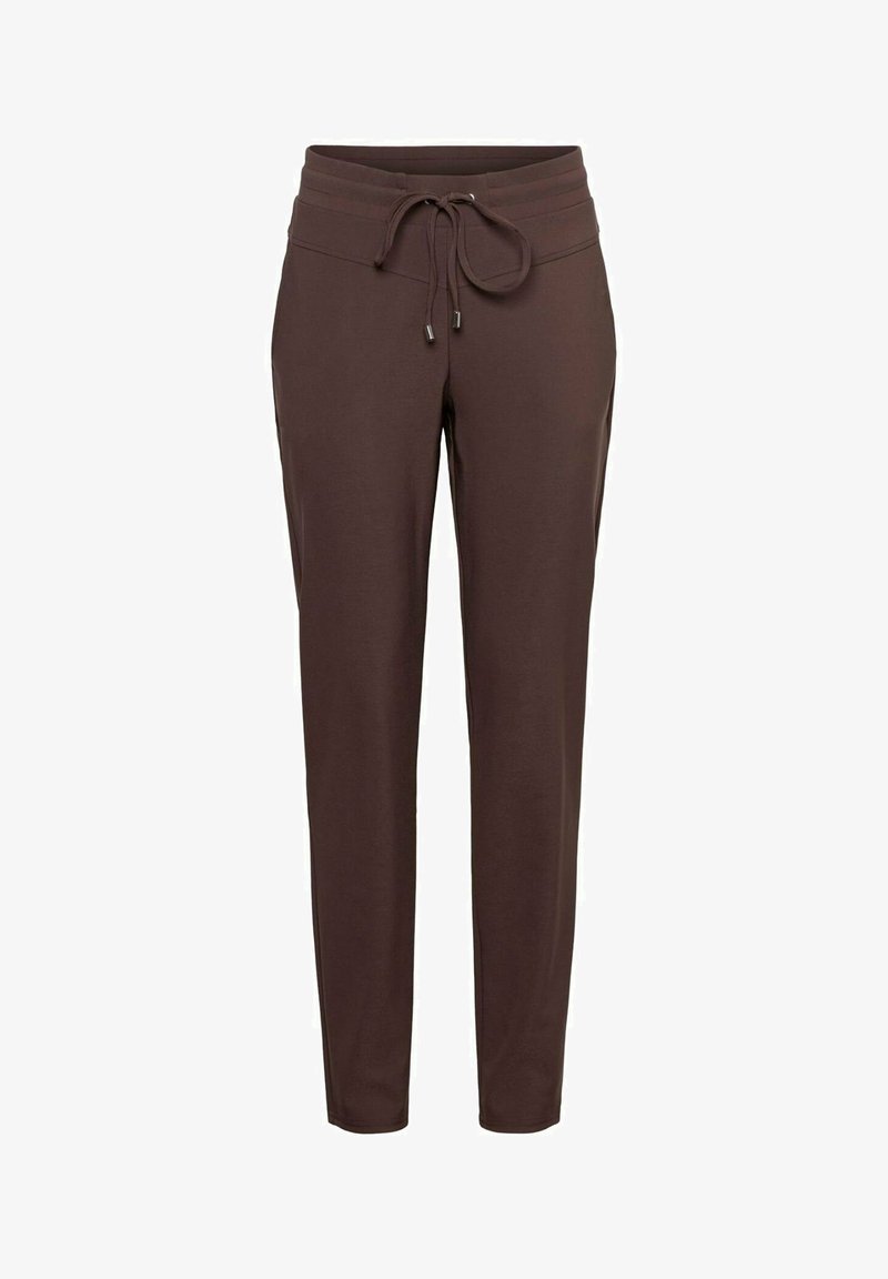 Bruine taps toelopende trainingbroek met elastische tailleband en trekkoordsluiting, ontworpen voor casual comfort.