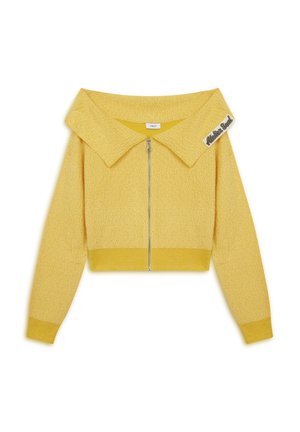 Geel kort jack met een oversized kraag, gestructureerde stof, rits aan de voorkant en een label op de kraag. Soepele, lichte constructie.