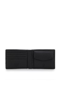 Portafoglio in pelle nera con una superficie texturizzata, dotato di più slot per carte e una tasca laterale, progettato in stile bifold.