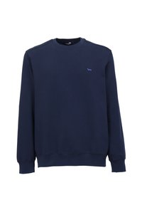 Marineblaue Sweatjacke mit langen Ärmeln, Rundhalsausschnitt und gerippten Bündchen. Verfügt über ein kleines hellblaues Logo auf der linken Brust. Weiche Textur.