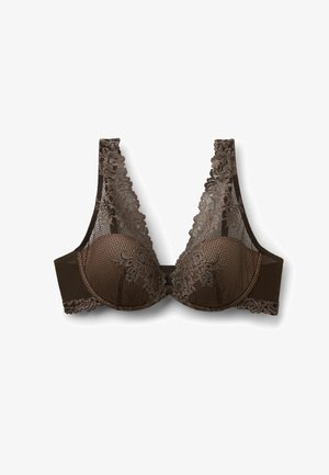 Brun blonder-bh med blomsterprint, polstrede skåle og dyb udskæring, designet til støtte og et dekorativt udseende.