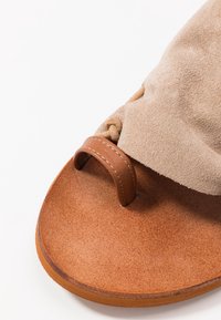 Beige suede sandal with a brown leather toe loop, textured insole, and smooth edges. Simple design with a natural color palette.