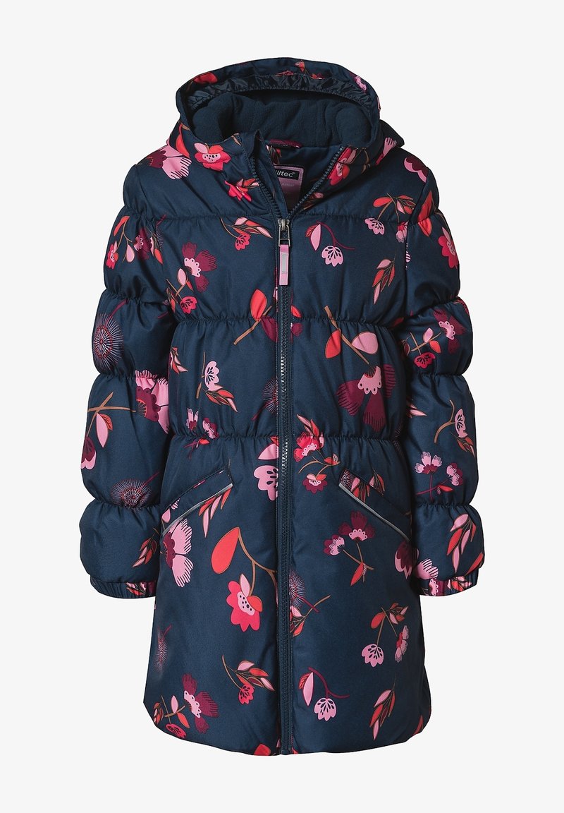 Manteau matelassé bleu marine pour fille avec capuche et imprimé floral rose, manches longues, fermeture éclair à l'avant et poches latérales.