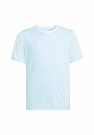 Maglietta sportiva a maniche corte azzurro chiaro con collo rotondo e piccolo logo bianco Adidas sul petto sinistro.