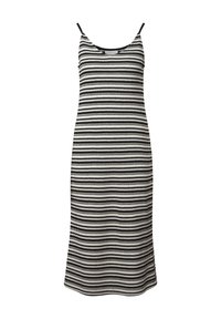 Gestreiftes schwarz-weißes Kleid mit dünnen Spaghettiträgern, taillierter Form und glattem Stoff, das horizontale Zickzackmuster aufweist.