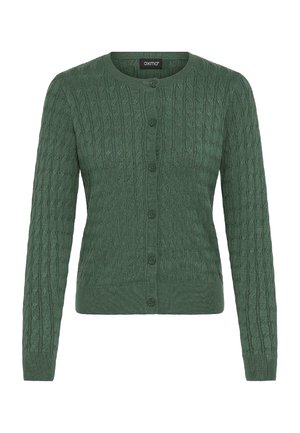 Cardigan verde a maglia con un motivo a trecce testurizzato, scollo rotondo e chiusura con bottoni, con vita aderente e maniche lunghe.