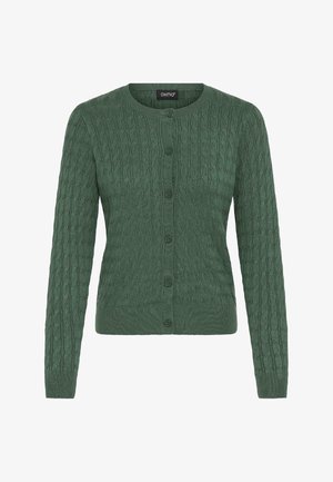 Groene gebreide cardigan met een gestructureerd kabelpatroon, ronde hals en knoopsluiting, met een aansluitende taille en lange mouwen.
