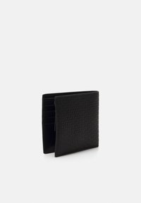 Black leather wallet with a textured surface. Features multiple card slots and a bifold design. No visible hardware or accents.