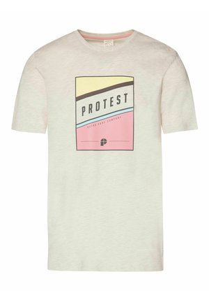 Hellbeiges kurzärmeliges T-Shirt mit einem rechteckigen Grafikmuster in Gelb, Braun, Blau und Pink, mit dem Schriftzug "PROTEST Retro Surf Company."