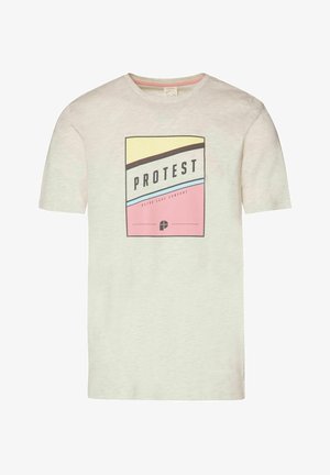Hellbeiges kurzärmeliges T-Shirt mit einem rechteckigen Grafikmuster in Gelb, Braun, Blau und Pink, mit dem Schriftzug "PROTEST Retro Surf Company."