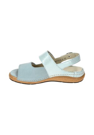 Light blue open-toe sandal with textured straps, cushioned cork sole, and adjustable back strap for secure fit.