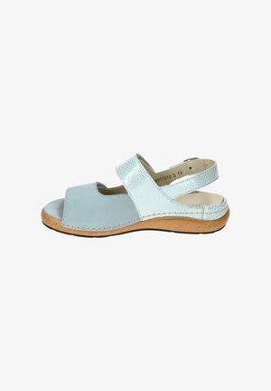 Light blue open-toe sandal with textured straps, cushioned cork sole, and adjustable back strap for secure fit.