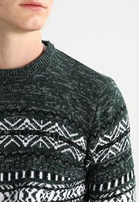 Suéter tejido en verde oscuro con intrincados patrones geométricos blancos. Presenta un cuello redondo y tela texturizada.