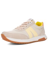 Beige and pale yellow sneaker with suede toe, white midsole, gum rubber outsole, pale pink laces, and bright yellow padded collar interior.